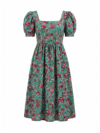 Green Floral Puff Sleeve Midi