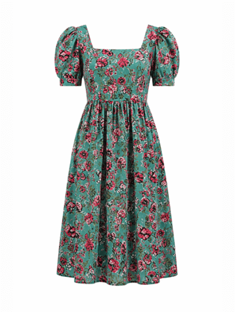 Green Floral Puff Sleeve Midi