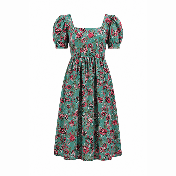 Green Floral Puff Sleeve Midi
