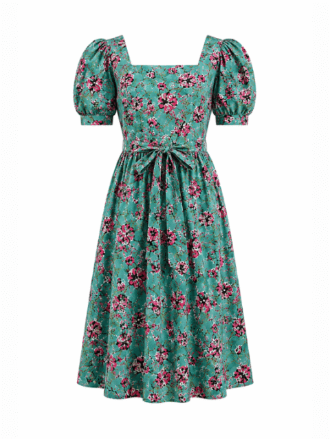 Green Floral Puff Sleeve Midi