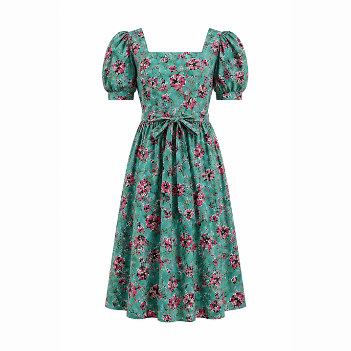Green Floral Puff Sleeve Midi