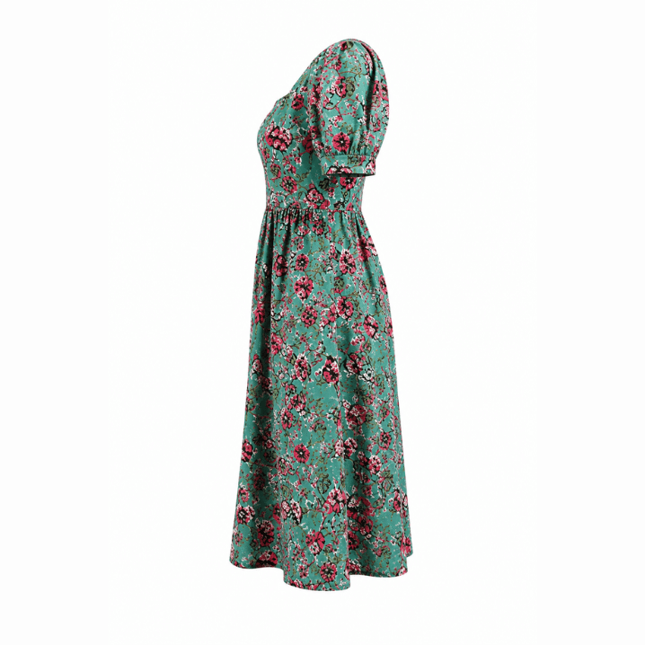 Green Floral Puff Sleeve Midi